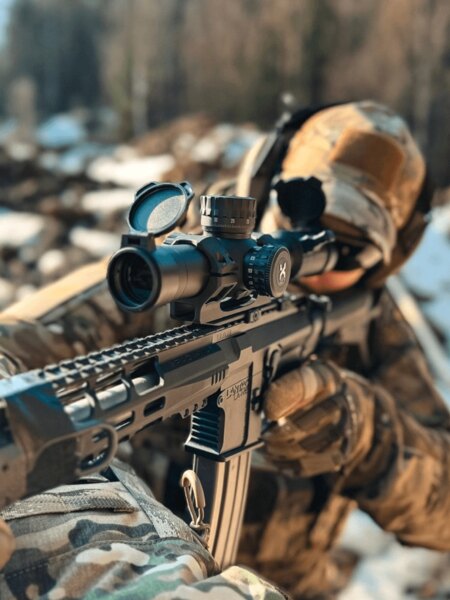 Стрелец в камуфлаж, прицелващ се през оптичен прицел Vortex Optics на прецизна снайперска пушка. Снимка: Rigad