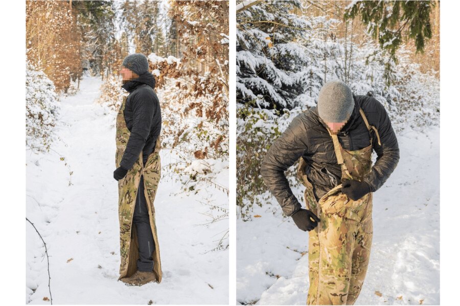 Панталони Sleeka Reversible Salopettes Snugpak – Цял страничен цип по крака. Разкопчаване на горната част на страничния цип. Източник: L.G. (автор)