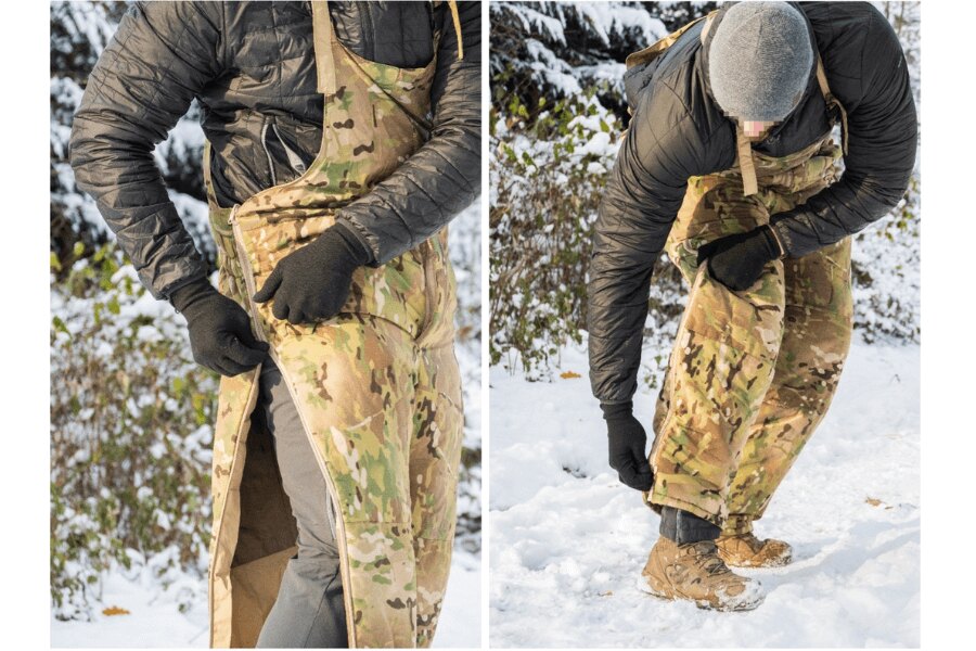 Панталони Sleeka Reversible Salopettes Snugpak – Full Leg Zip. Разкопчаване на горната и долната част на страничния цип. Източник: L.G. (автор)