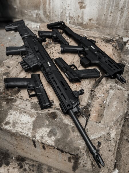 Два самопала CZ Scorpion EVO 3 с пистолети в индустриална среда